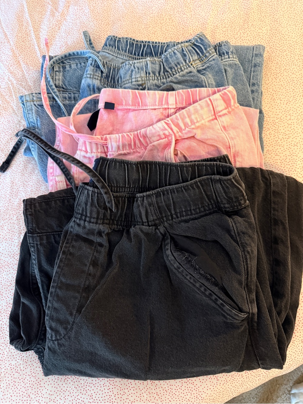 3 Pairs of Ladies Gap Elastic Waist Pull-On Pants - Black, Pink, light denim.